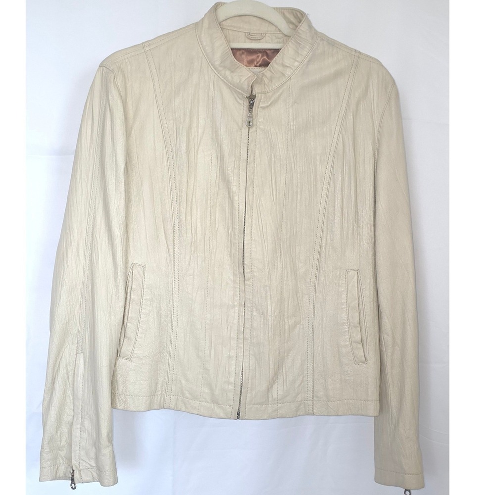 Wilsons Leather Maxima Cream Crinkle Leather Moto Jacket Large Zip Up Cuffs Y2K